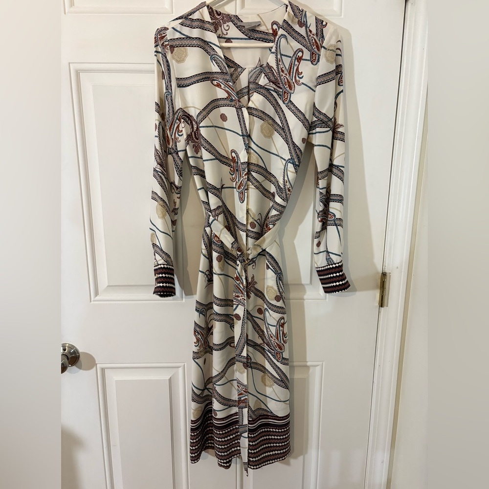 H&M Cream and Burgundy Patterned Long Sleeve Dress